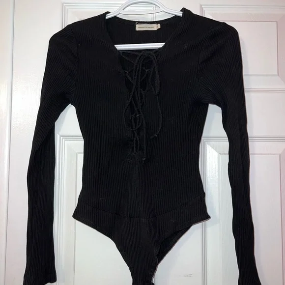 Black long sleeve body suit with deep v-neck - Picture 1 of 4